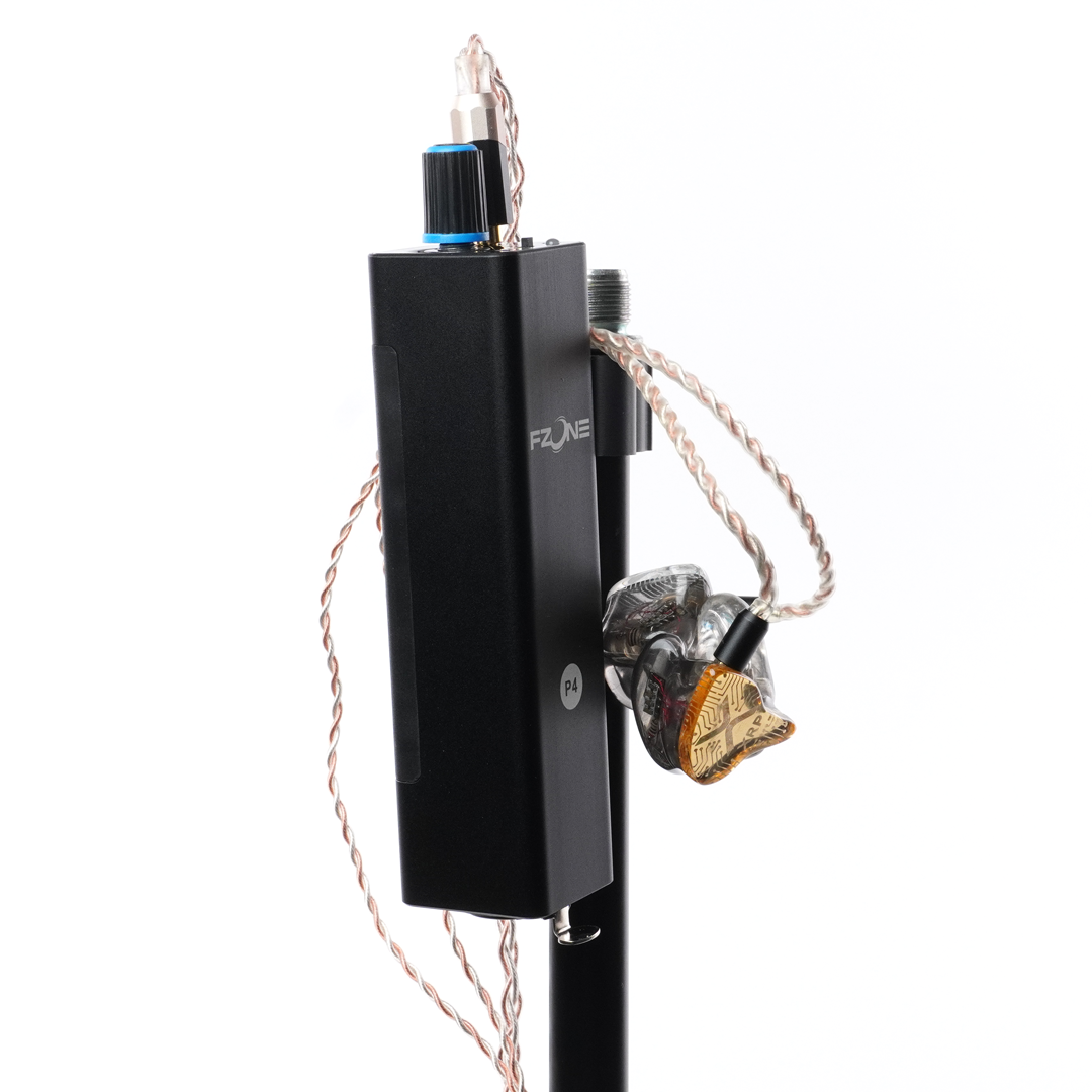 soloClip P4(4) — Mic stand mounting clip for FZone P4 wired headphone amp - Shown with IEM and cable
