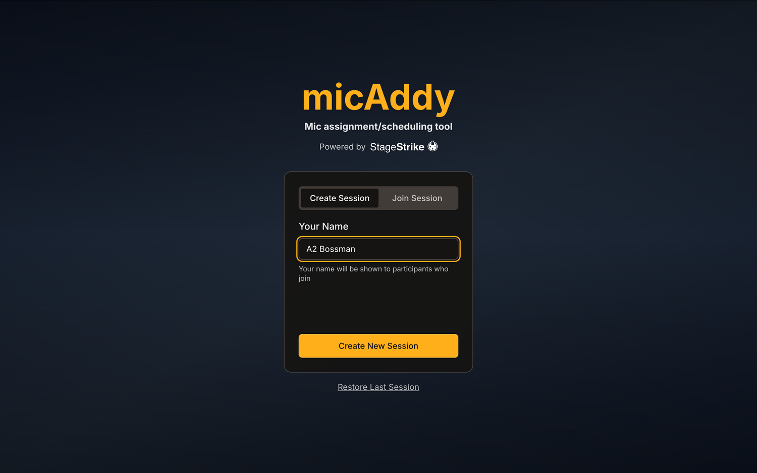 micAddy screen for creating or joining a show session.