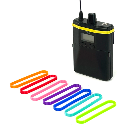 packRing(8) on a wireless bodypack transmitter — identification rings for bodypack organization
