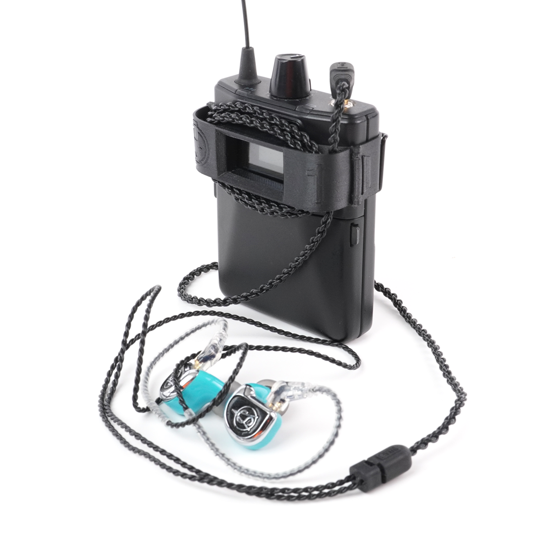 slackStrap(4) on a wireless bodypack transmitter — cable management for live audio