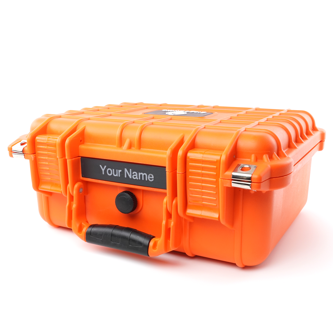 caseTag installed on a gear case — audio equipment identification tag in use