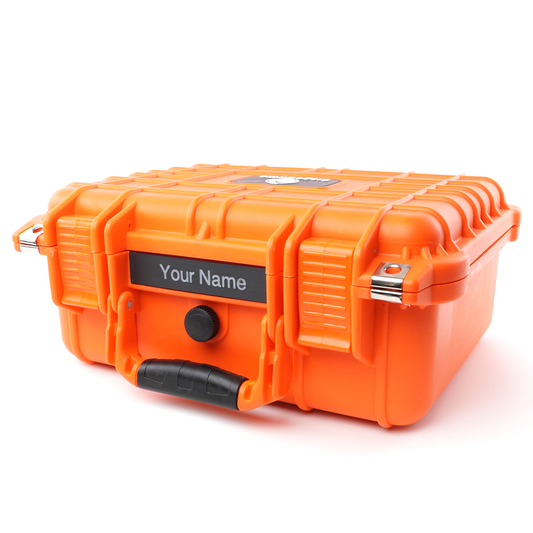 caseTag installed on a gear case — audio equipment identification tag in use
