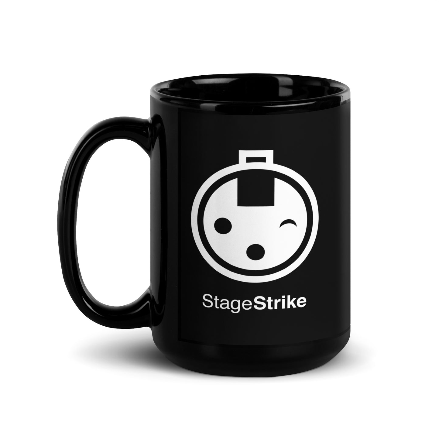 StageStrike Mug — black glossy 15oz, handle on left