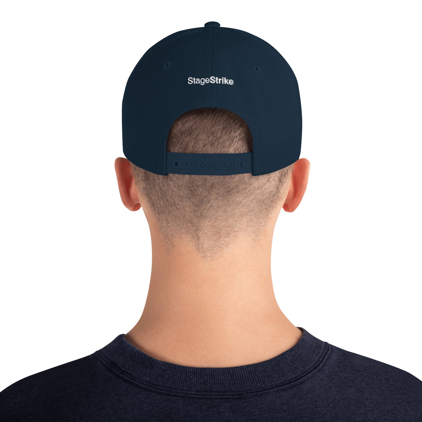 StageStrike Logo Hat — dark navy snapback, back view