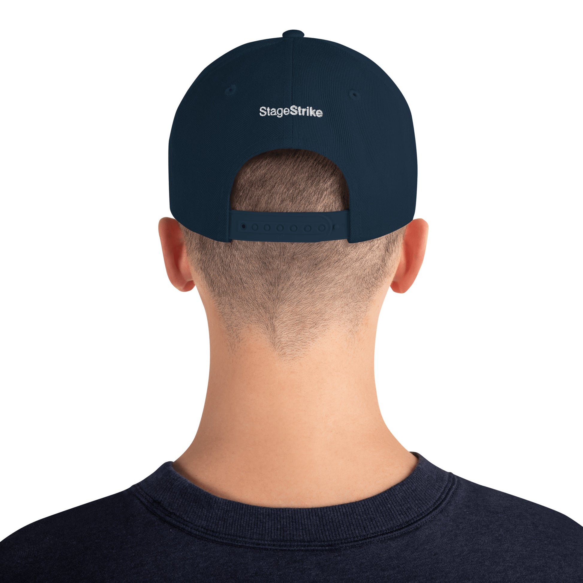 StageStrike Logo Hat — dark navy snapback, back view