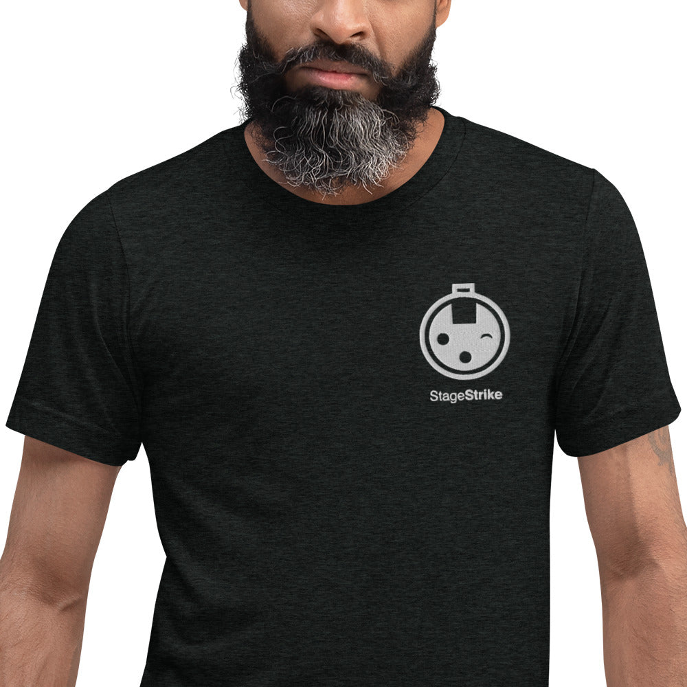 StageStrike T-Shirt — charcoal black triblend, logo detail
